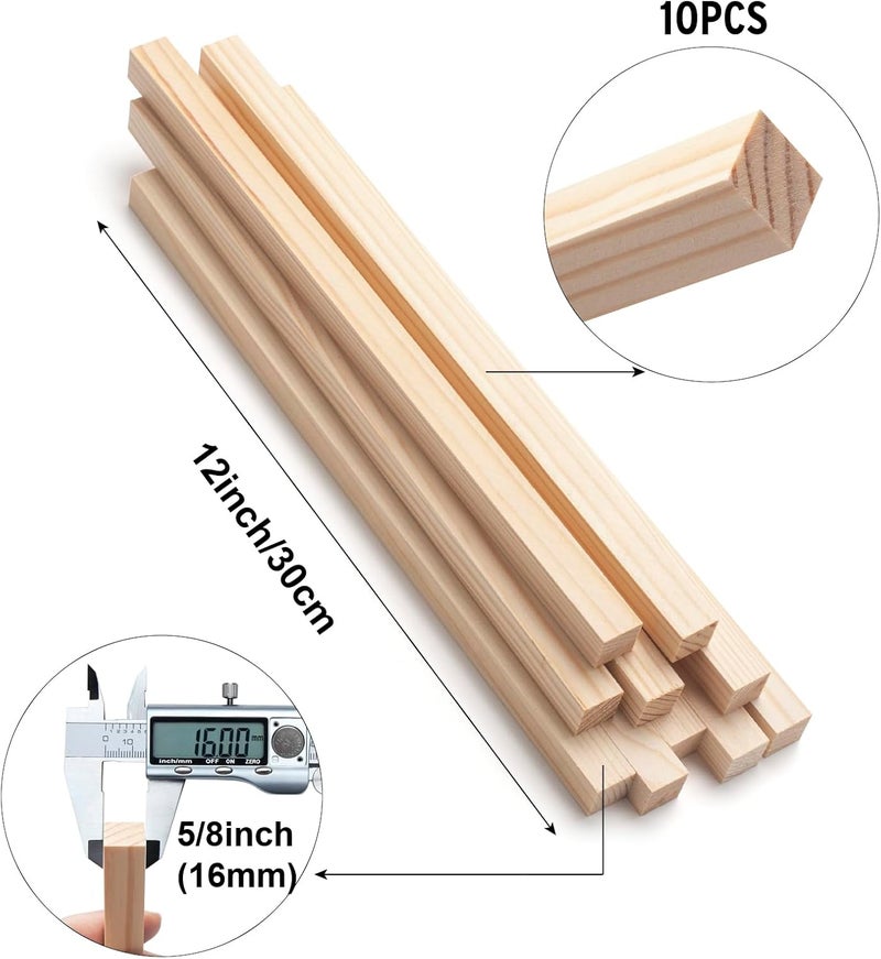 Coowayze Square Wooden Dowel Rods, 10 PCS 5/8" x 12" Square Wood Dowel Rods Wooden Sticks for Crafts, Unfinished Hardwood Sticks Wood Strips for Woodworking, Crafting, Arts and DIYers, Home Decor, Model Making - Image 2